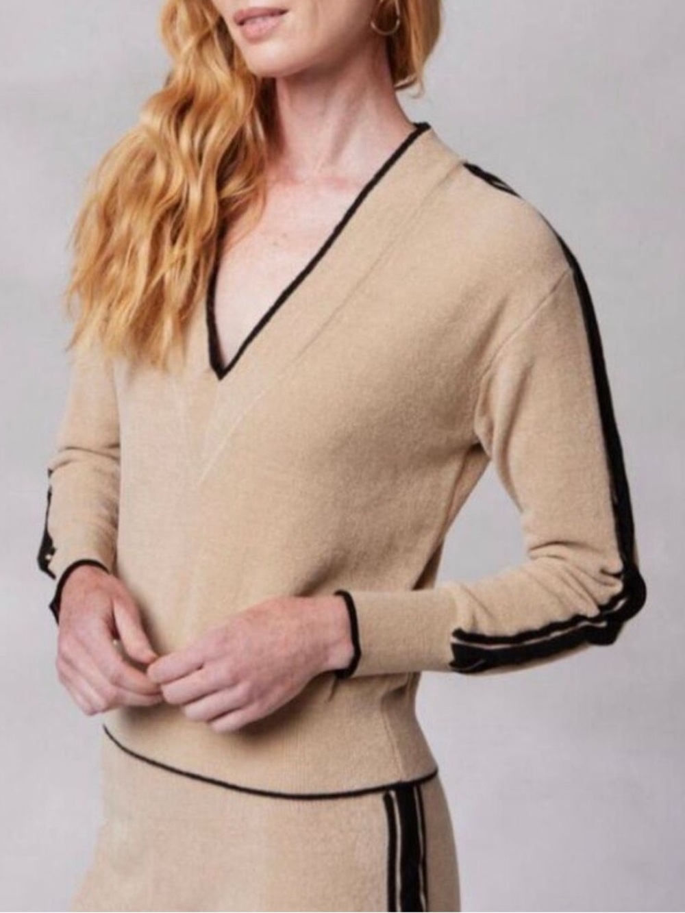 Kashwere Women L Sand Kash-Chic V-Neck Contrast Stripe Track Sweater NWT